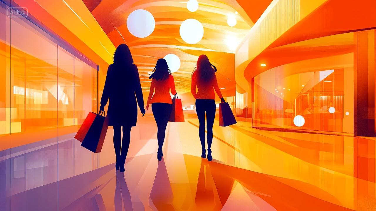 双11购物潮三姐妹的购物背影矢量插画