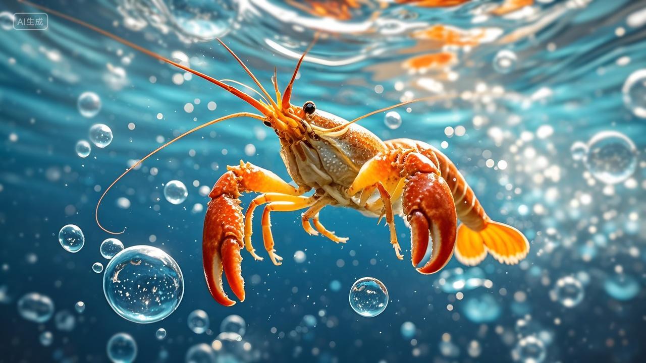 生猛的小龙虾在清澈的水泡水底下游泳