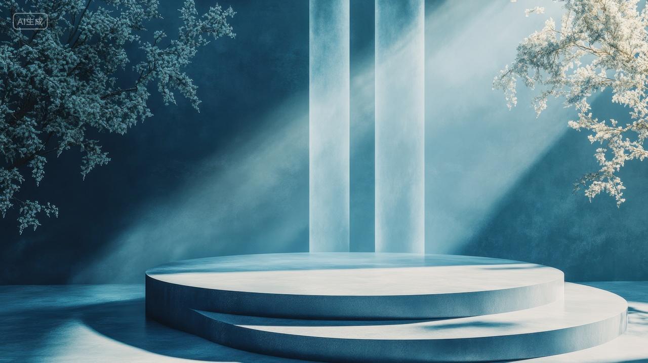 3D蓝调光影下的圆形电商产品展示舞台