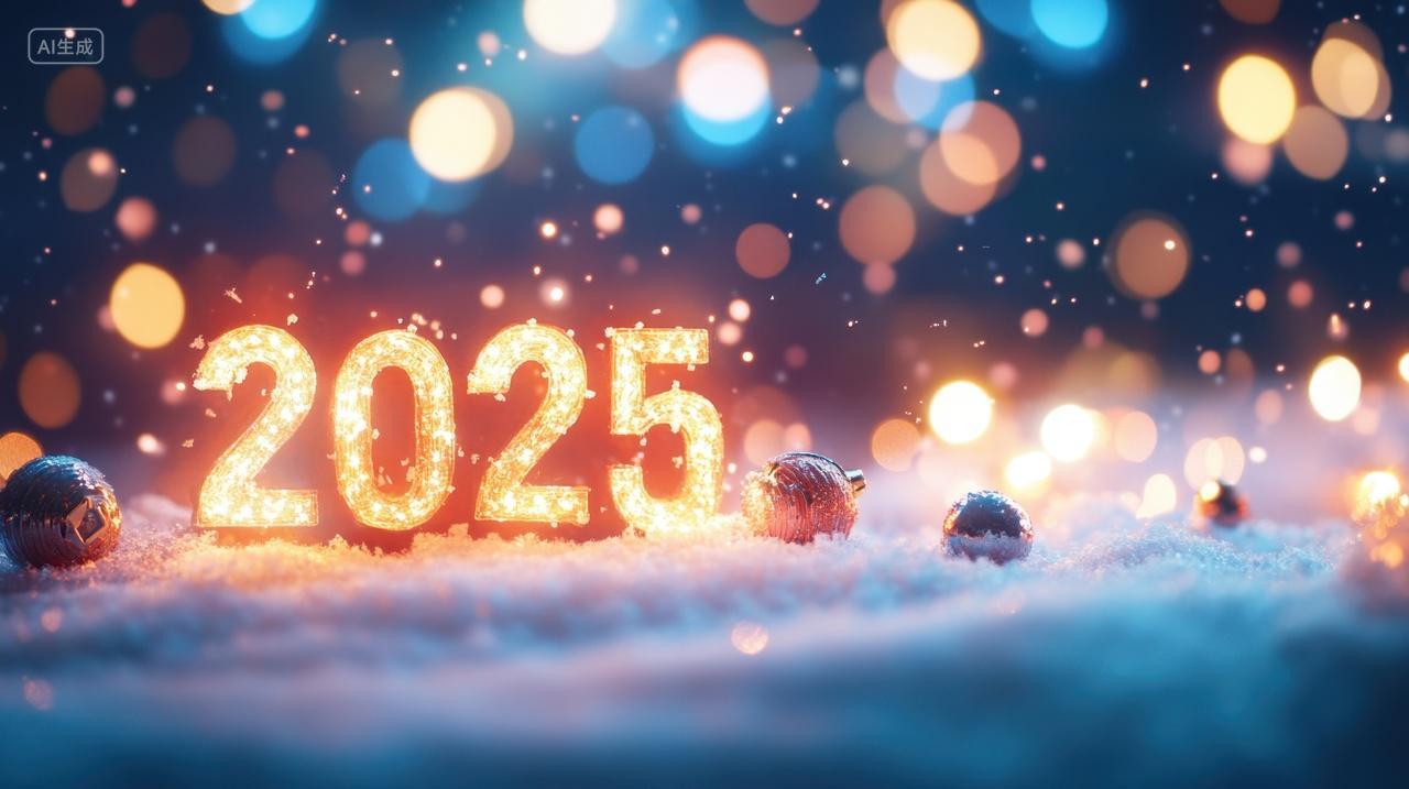 雪地上的发着红光的2025新年数字