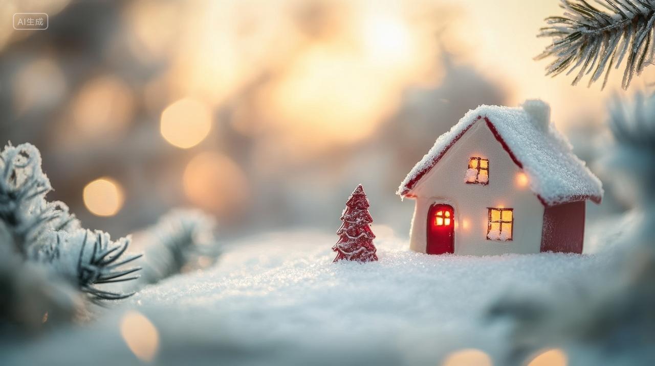 圣诞节雪地中的温馨小屋微缩景观