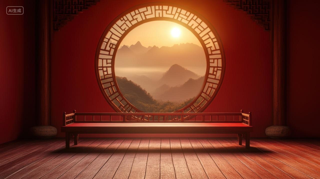 中国风室内圆窗风景