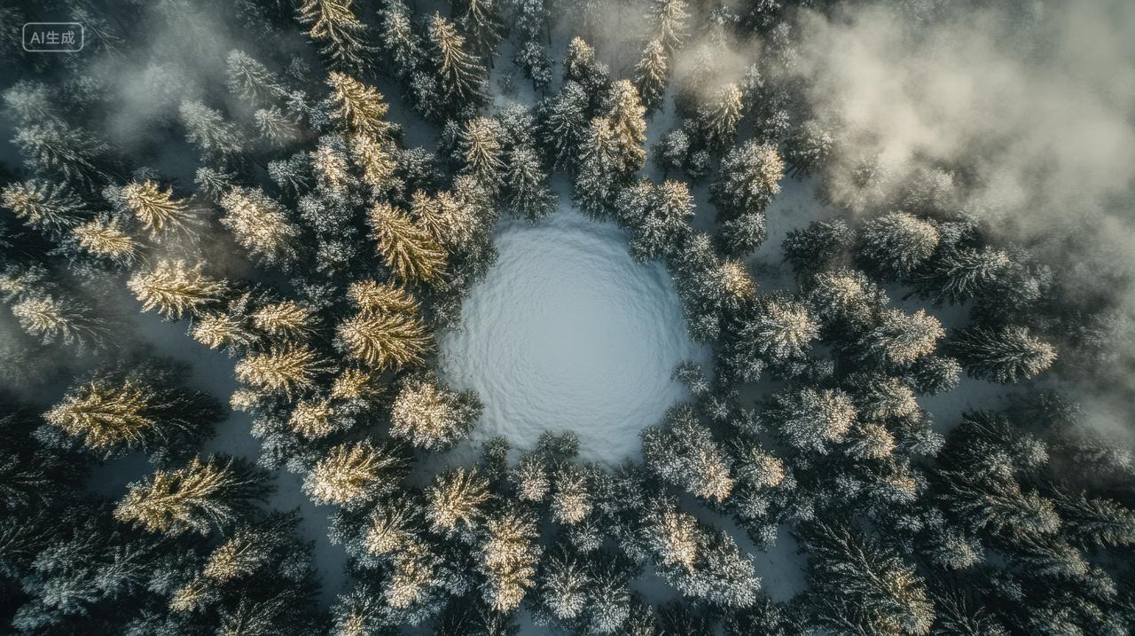 航拍冬天雪景下的松树林