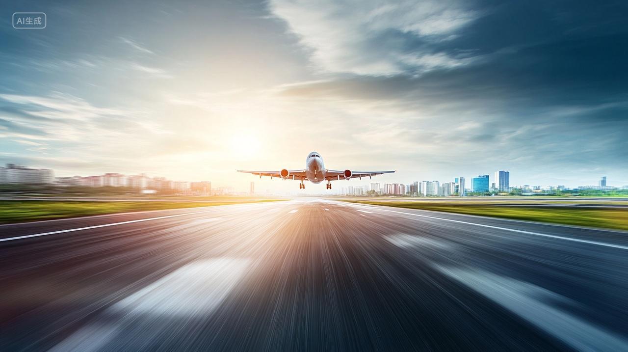 黄昏日出飞机在机场跑道滑行起飞飞机降落