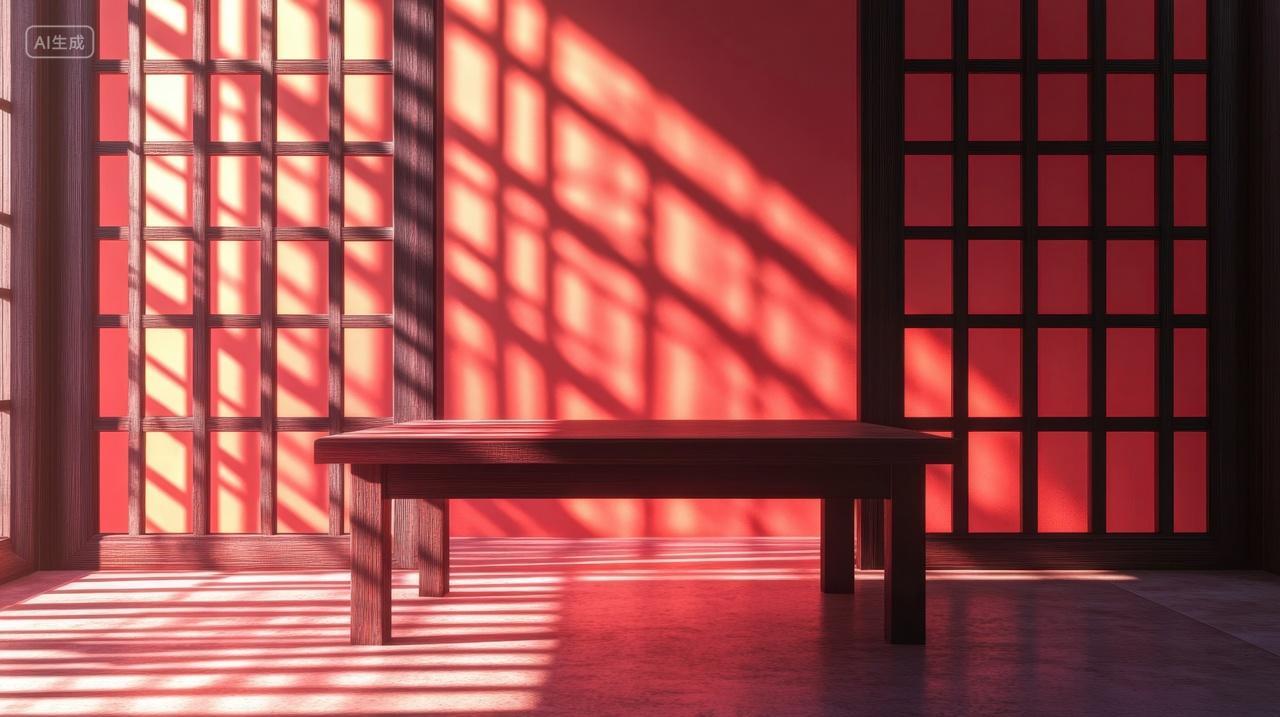 中式室内场景光影下的红墙木窗
