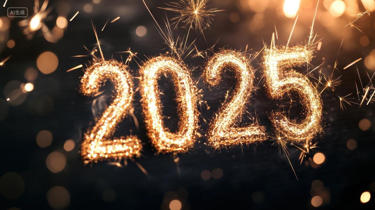 元旦节闪烁金色烟花的2025新年快乐字体海报