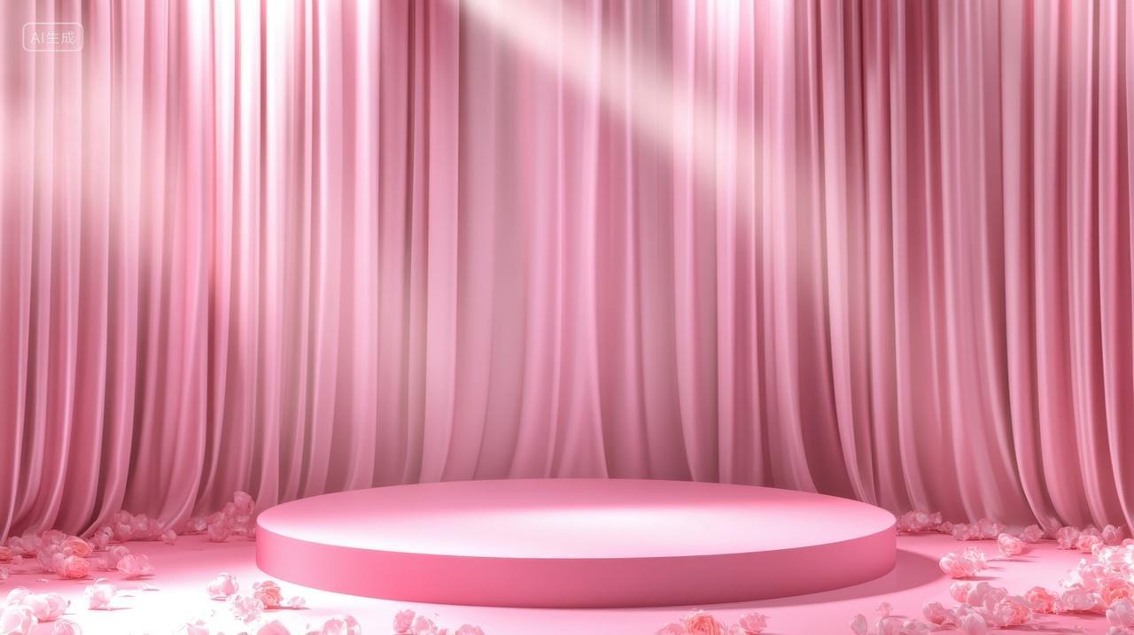 3D光影粉色幕布下的圆形电商展示台