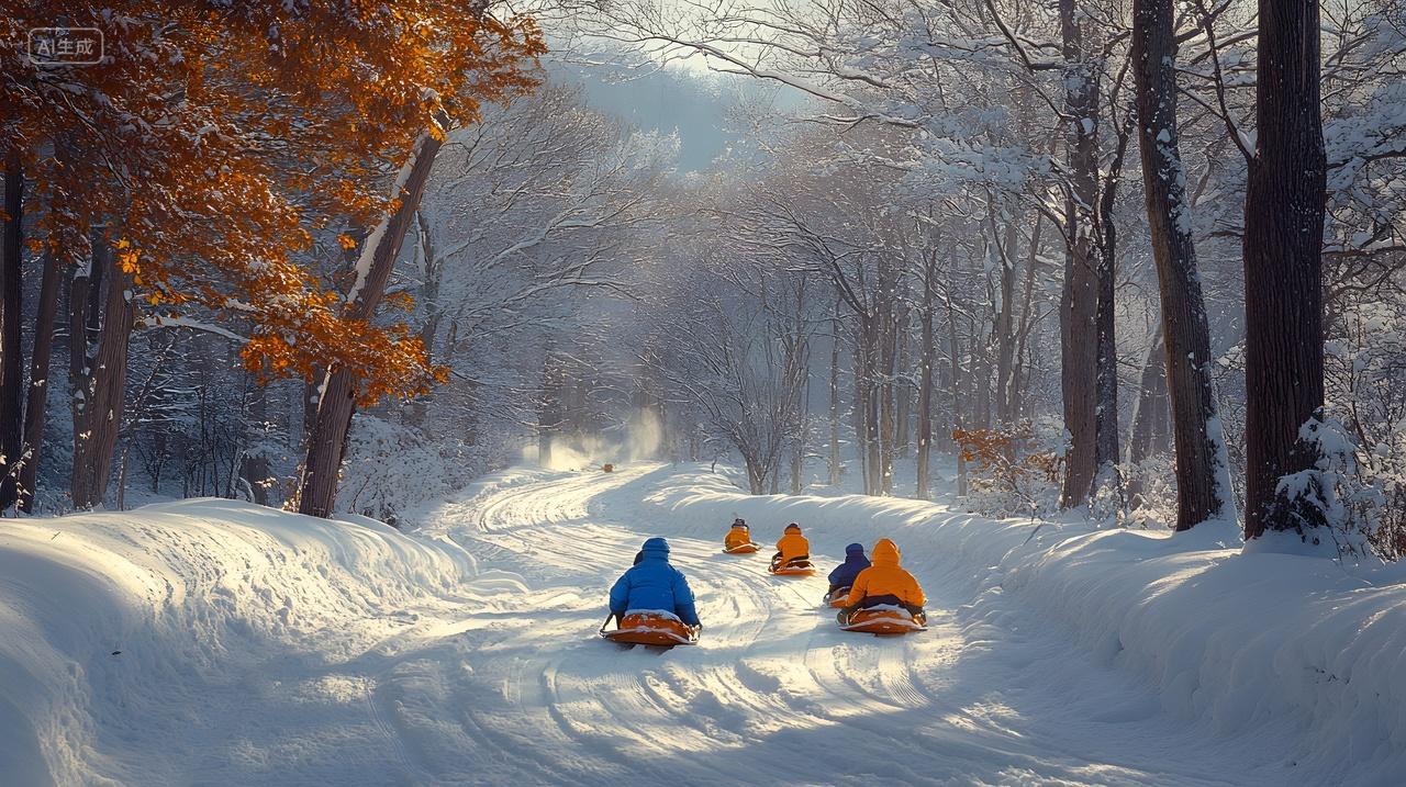 家庭在冬季森林小路上滑雪橇户外活动摄影图