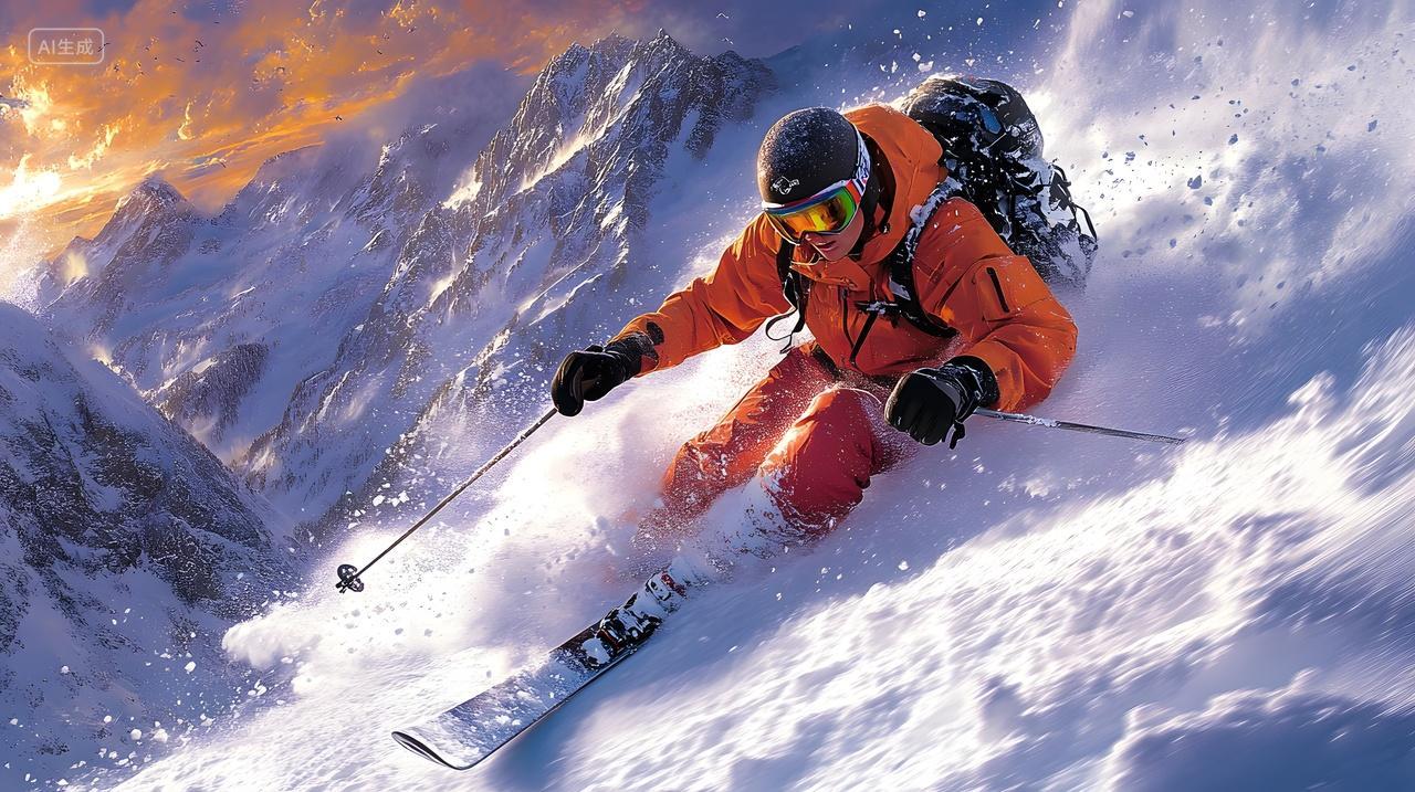 滑雪者在夕阳下雪山中滑行冬季极限运动摄影图