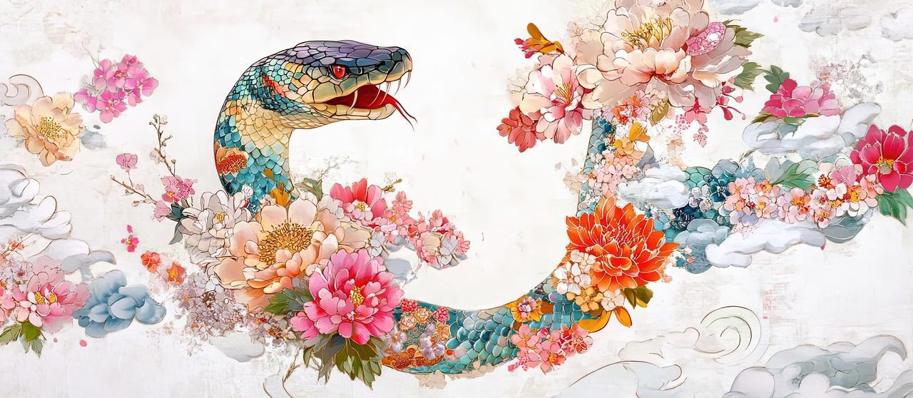 一条蛇在花丛中新年素材