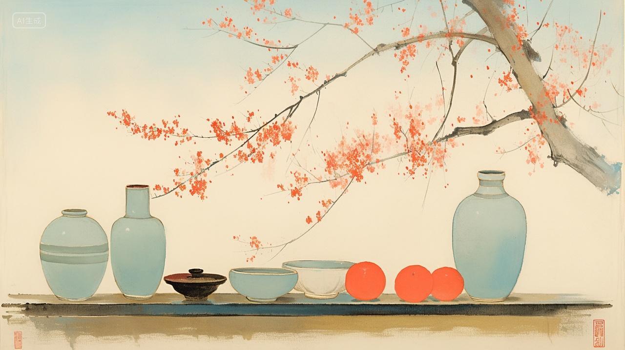 秋季桃花树陶瓷装饰水墨画古风国风宁静诗情画意立秋秋分插画