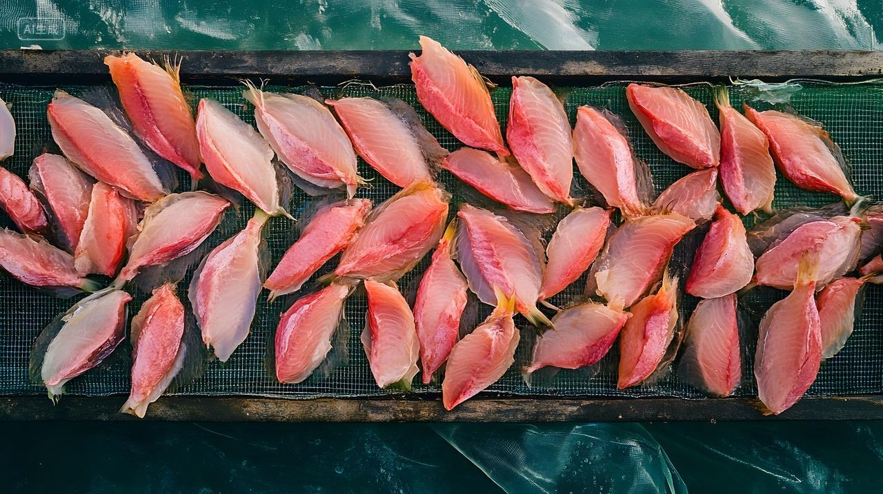 户外架子上整齐晾晒的粉色鱼肉