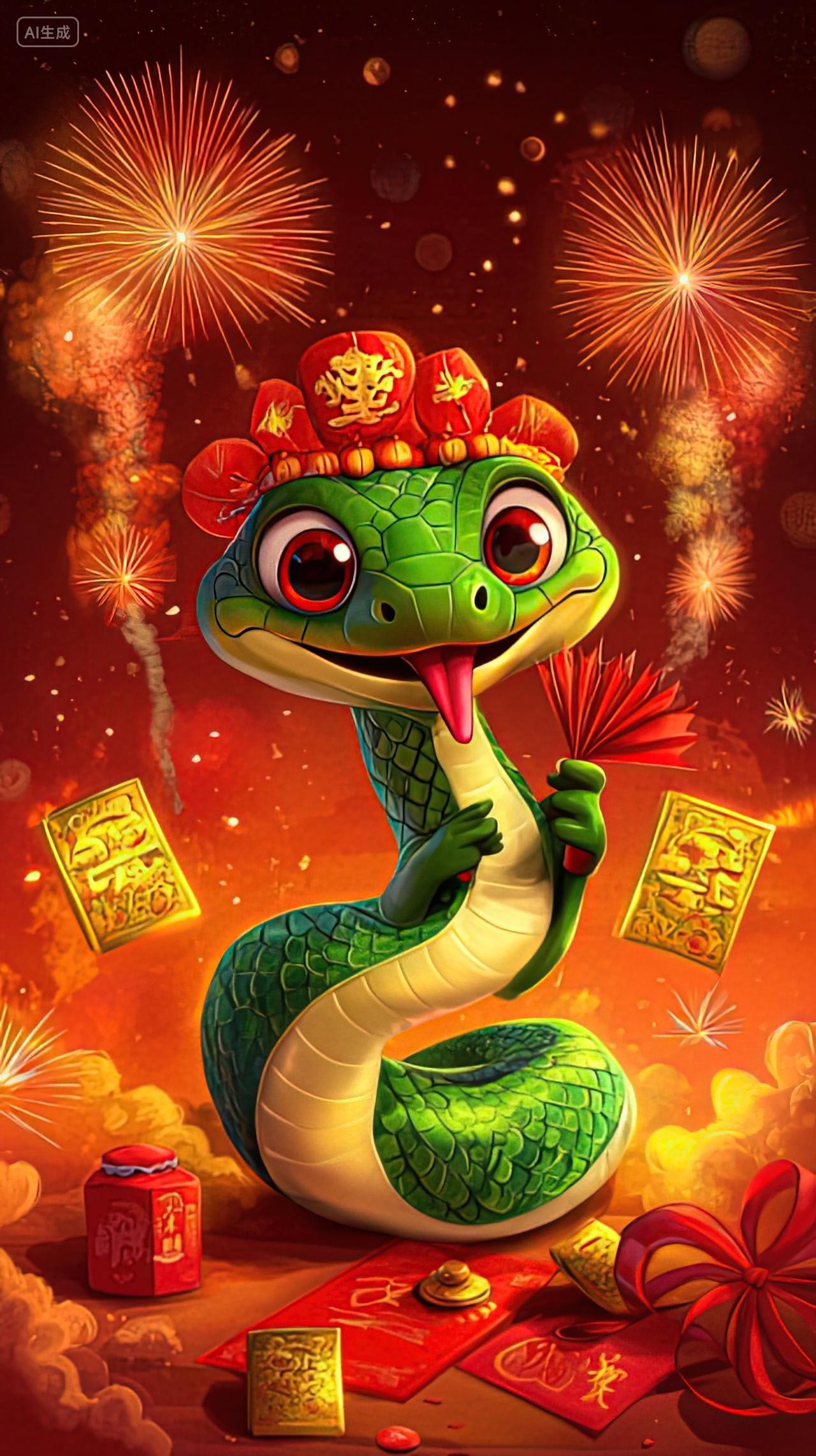 卡通蛇和烟花新年喜庆背景