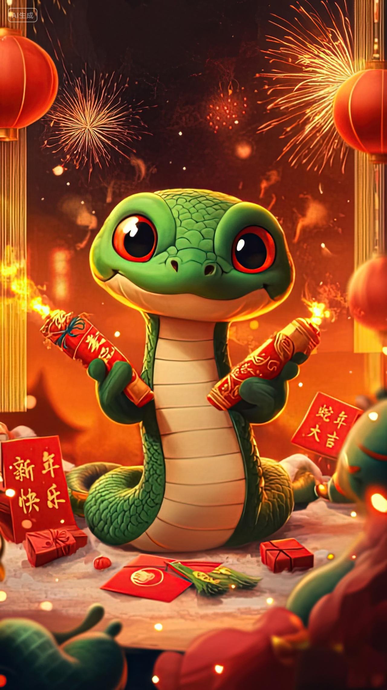 一条卡通蛇拿着烟花新年喜庆背景