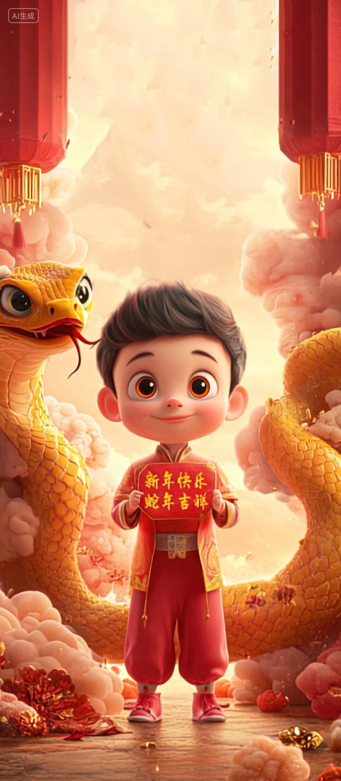 一个小男孩和生肖蛇在拜年春节新年背景