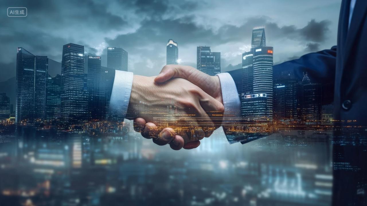 俩个男人握手庆祝商务合作共赢协商伙伴关系