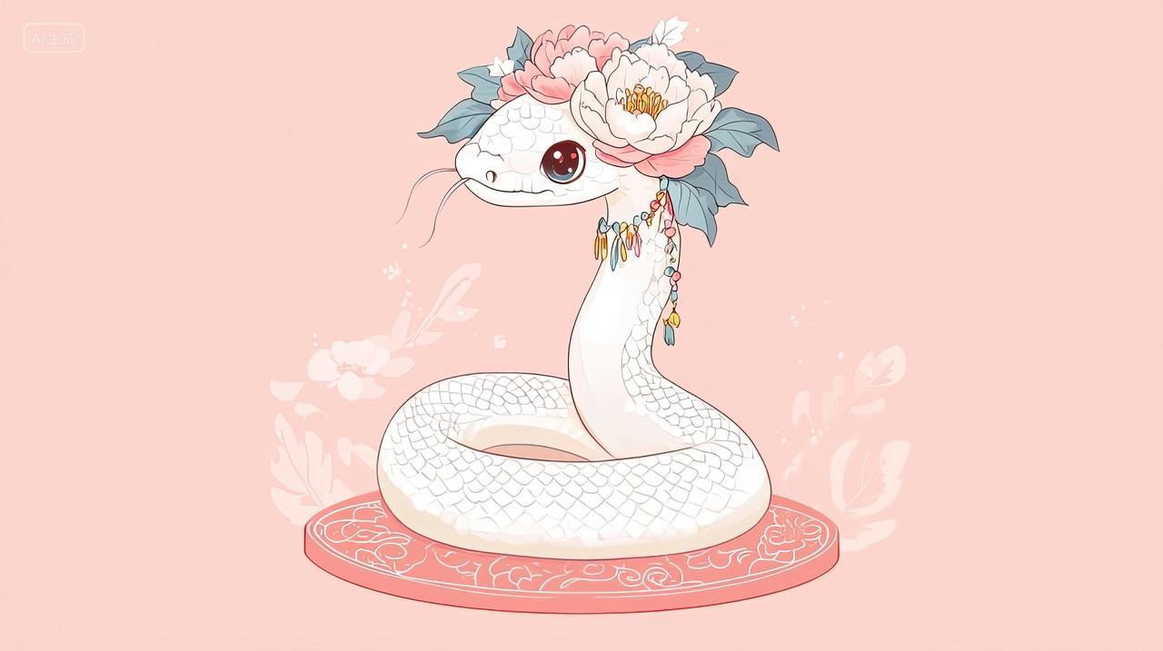 头戴鲜花的卡通蛇扁平风插画背景