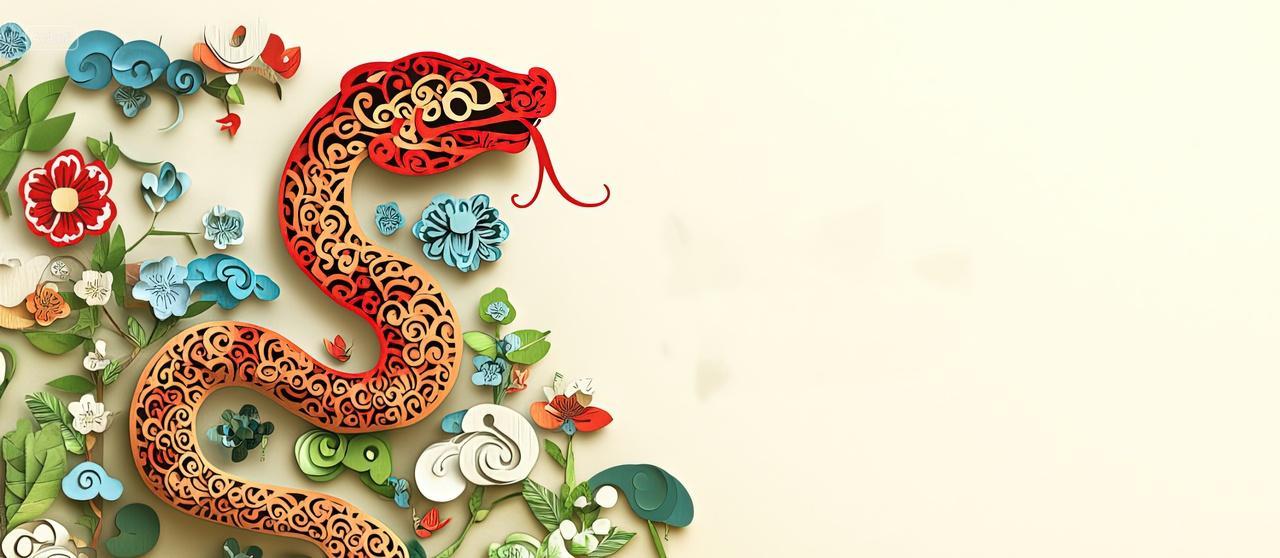 国潮生肖蛇和花卉新年背景