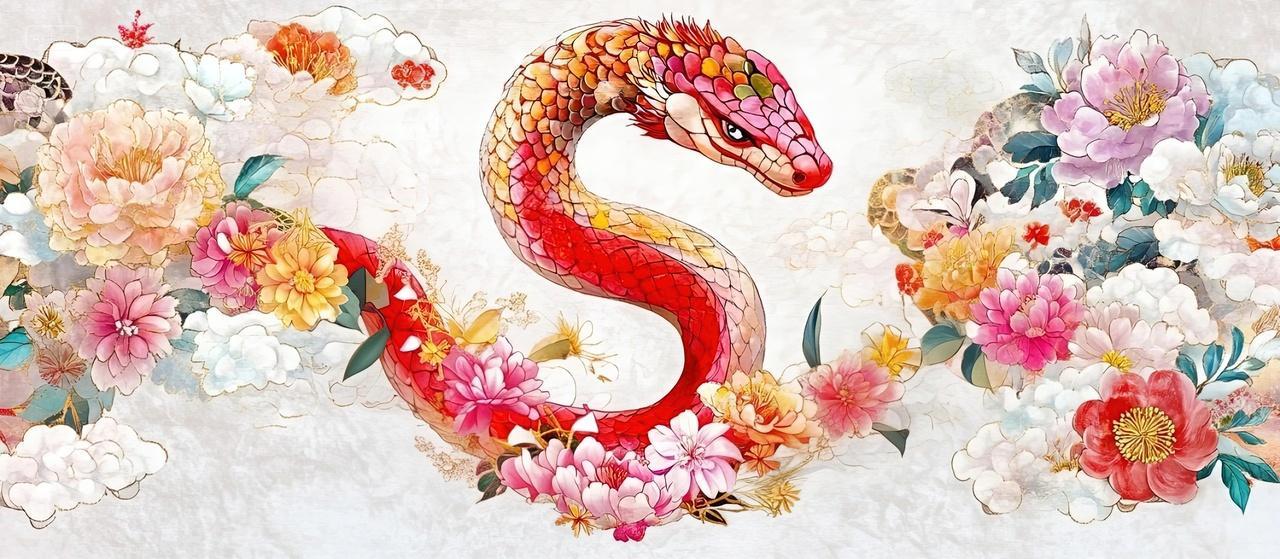 一条蛇在花丛中新年背景