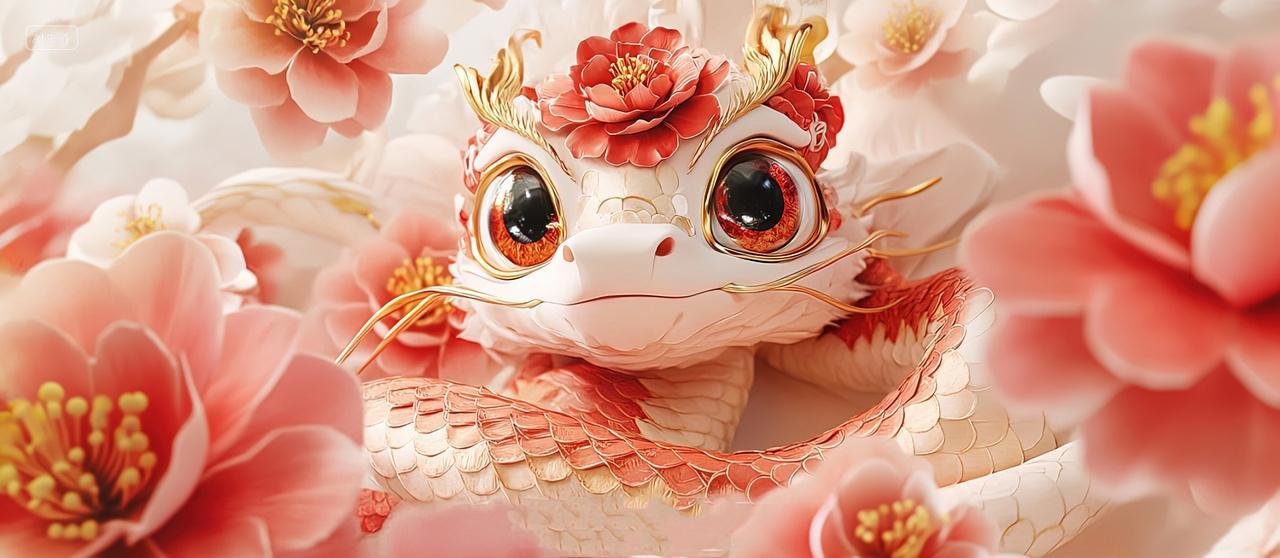 可爱的蛇宝宝在花丛里新年春节背景