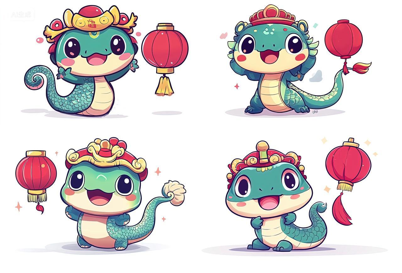 卡通生肖蛇拿着灯笼新年素材