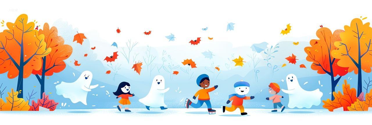 鬼影雪趣万圣节孩童与扮鬼者雪中欢腾黄叶飞舞插画