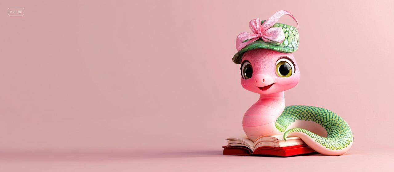 一条戴帽子的生肖蛇在书本上新年素材
