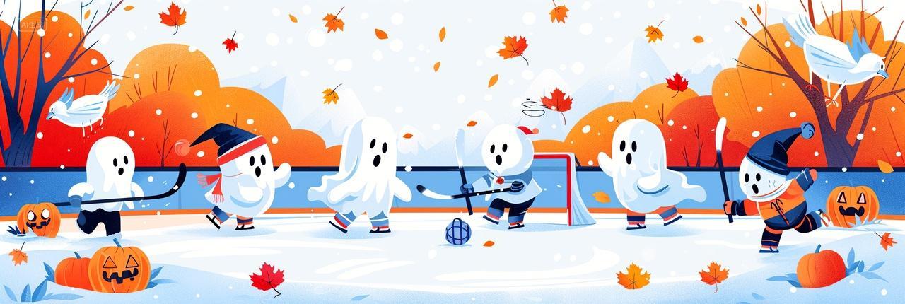 万圣节雪舞黄叶飘落鬼装孩童冰球激战冬日狂欢插画