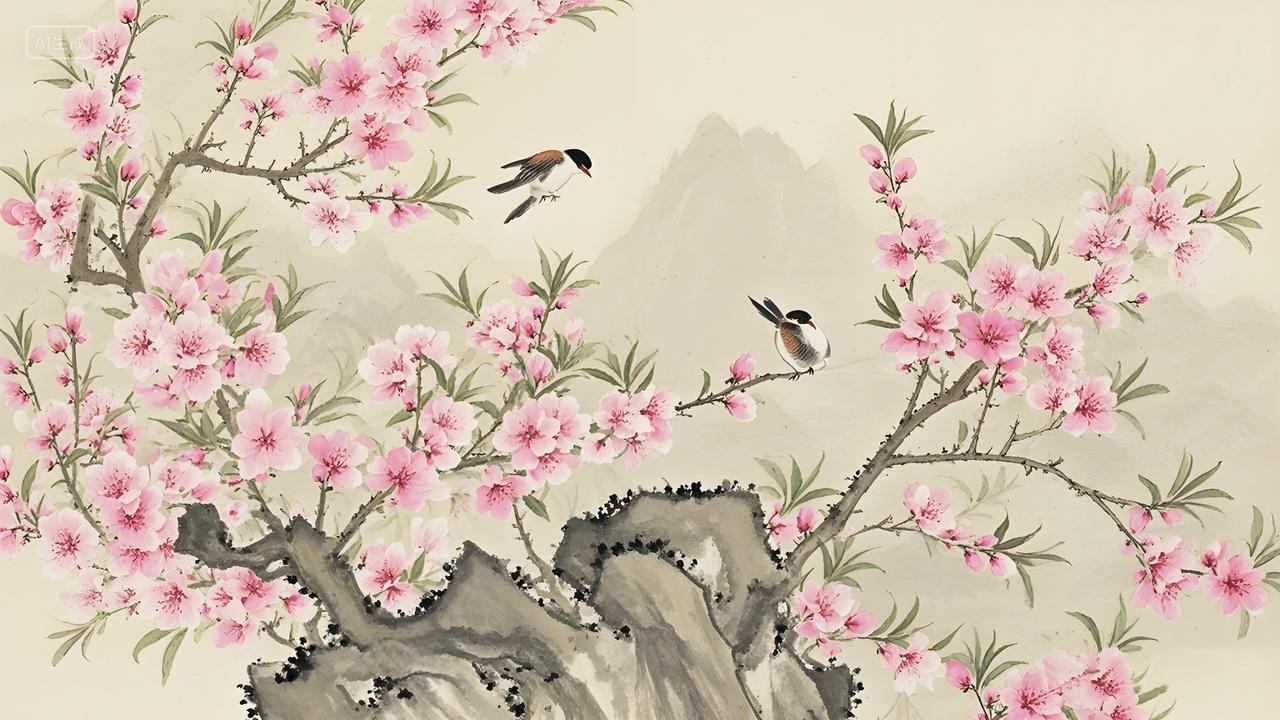桃花树长满桃花小鸟戏耍风景水墨画