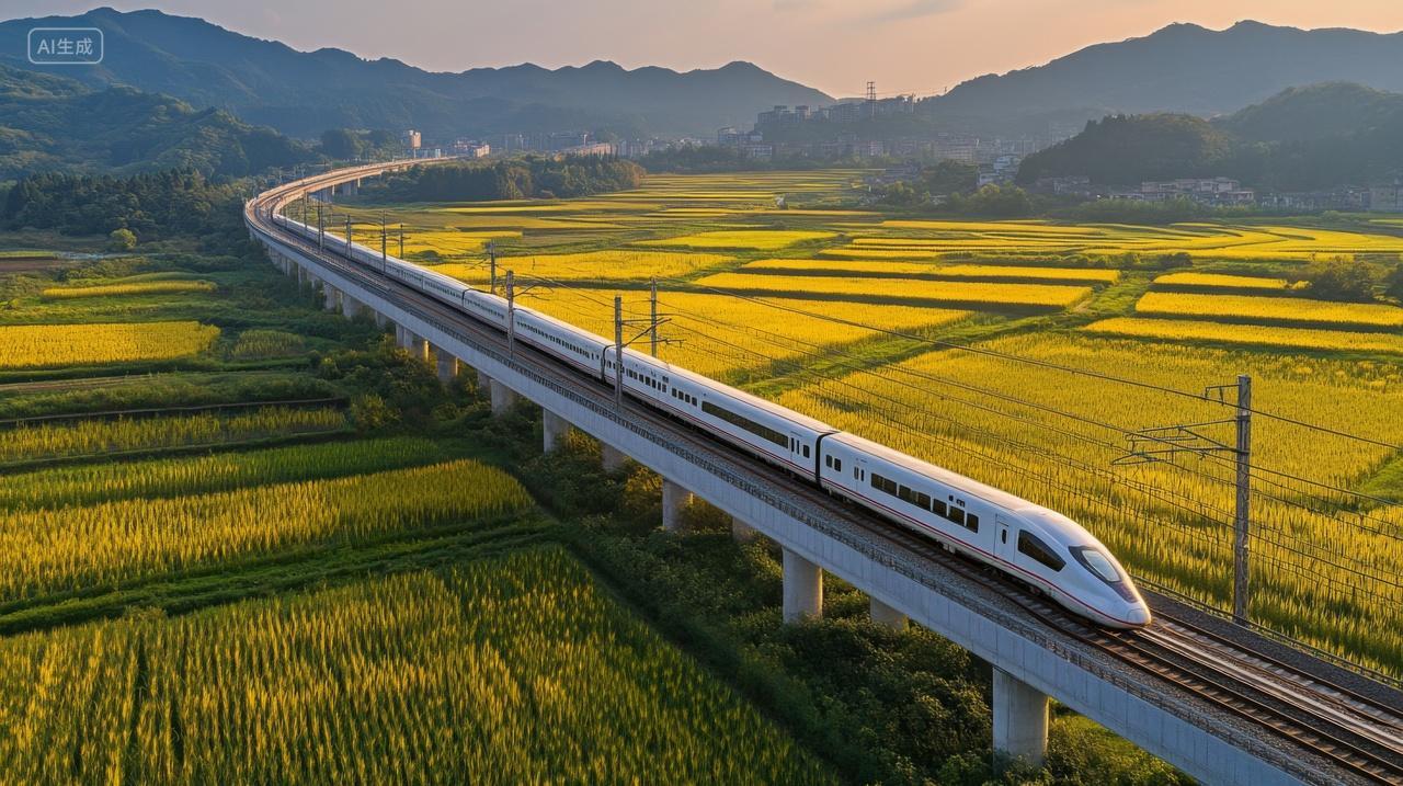 高速列车穿梭田野高铁动车和谐号复兴号乡村