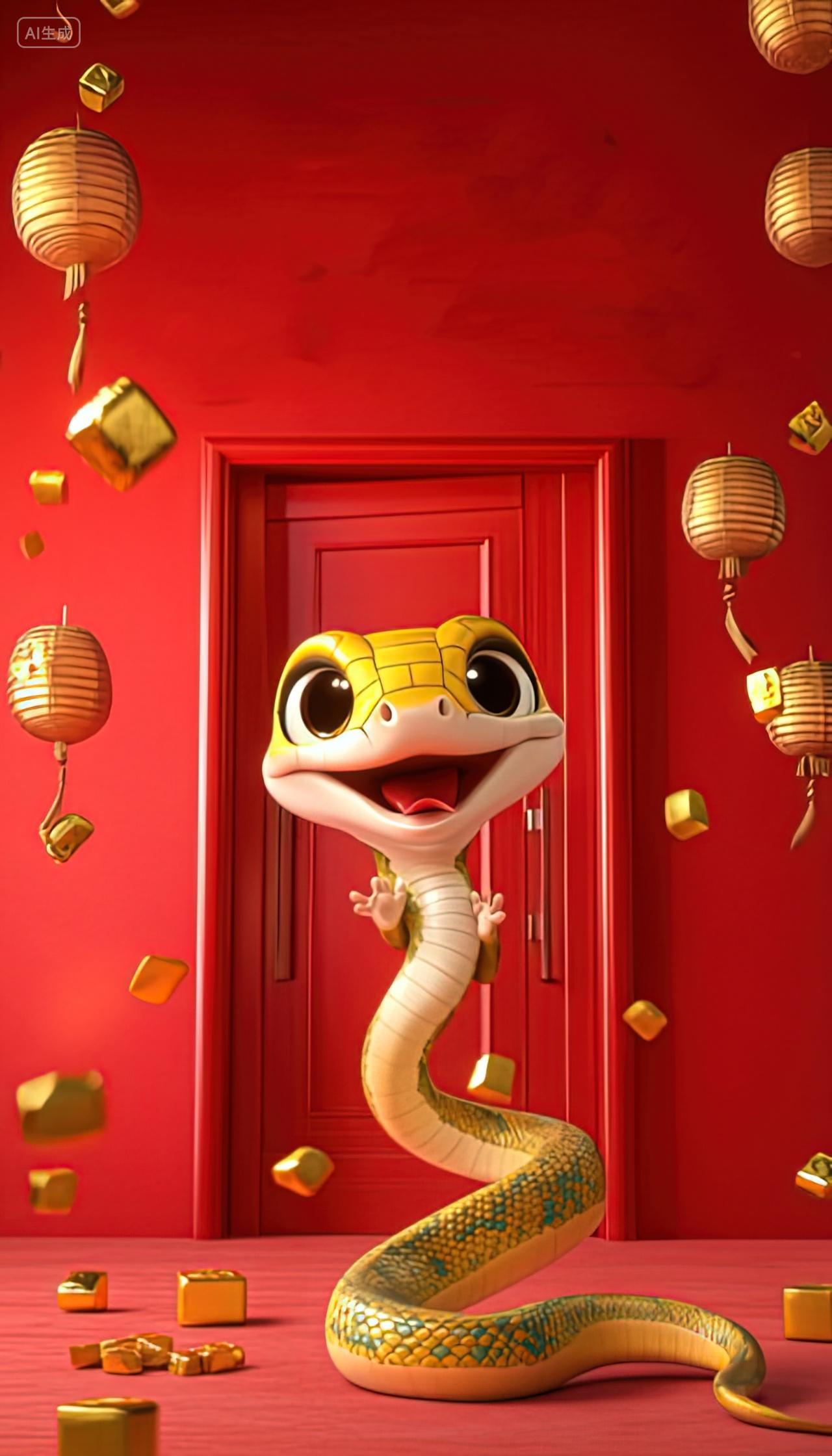 一条小金蛇在拜年红色新年背景