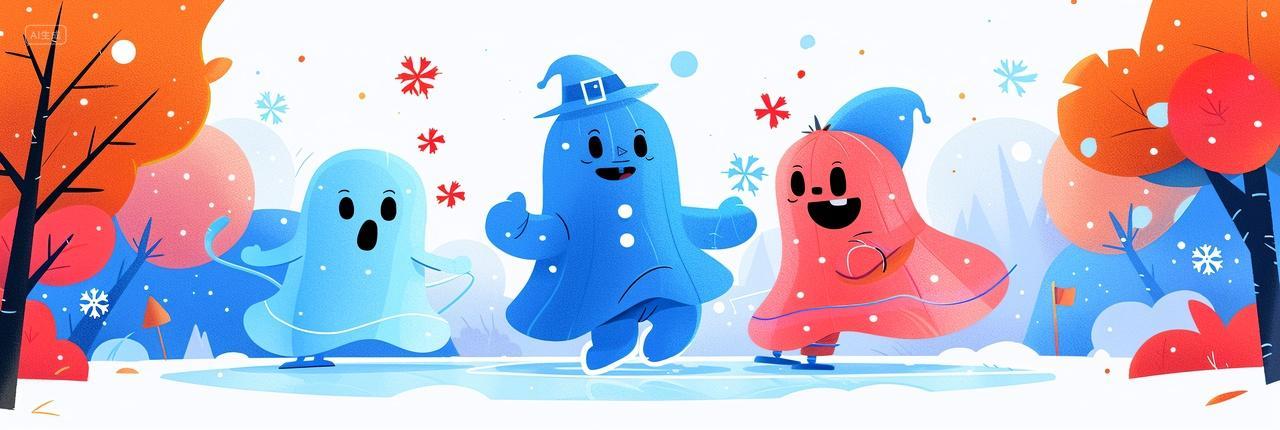 万圣节黄色树林鬼装扮者雪中奔跑快乐同行温馨插画