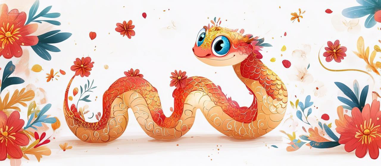 一条卡通蛇和鲜花新年春节背景