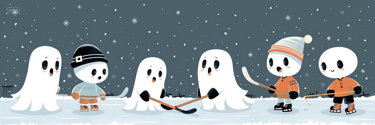 立冬与万圣节的奇妙相遇一些鬼怪和孩子们正在冰面上尽情玩耍插画