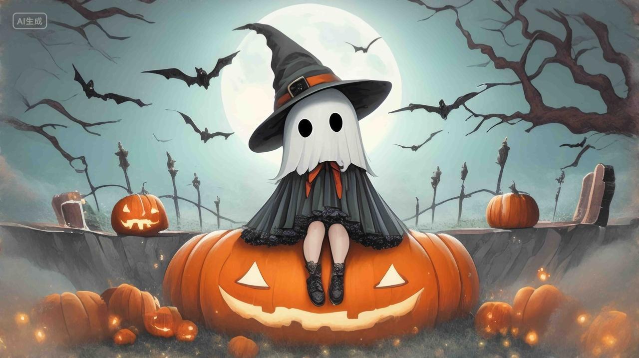万圣节之夜女巫幽灵女孩南瓜灯海报背景壁纸