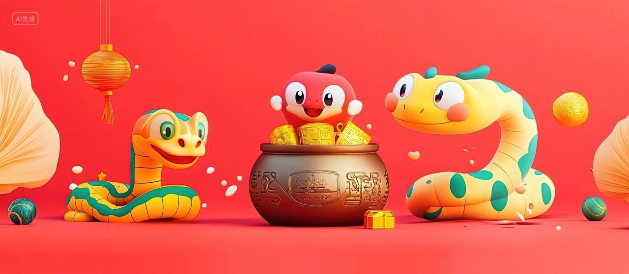 三个卡通蛇和聚宝盆新年素材