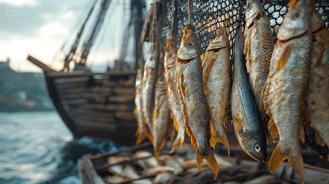 渔船旁渔网上悬挂的鱼干传统渔村场景