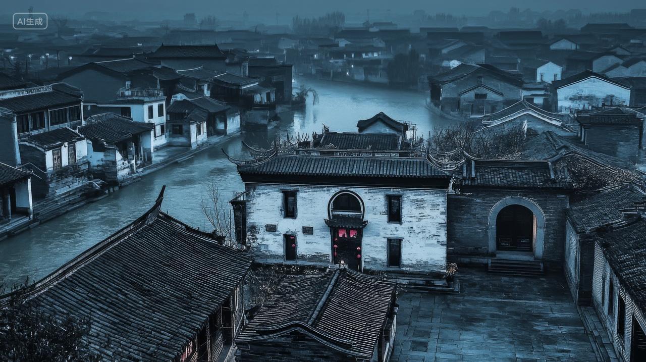 古镇夜色水墨江南水乡中国传统建筑乡村风景