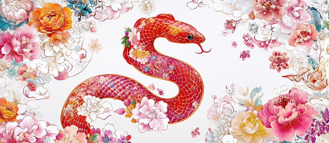一条蛇在花丛中国潮新年素材