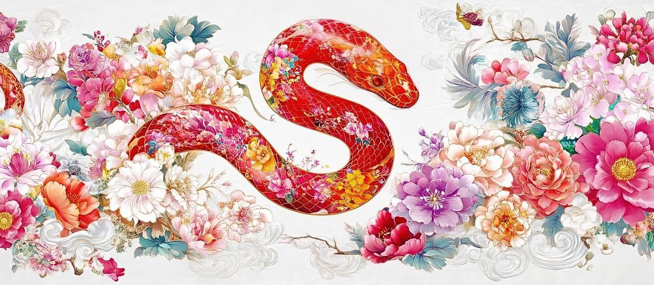 一条生肖蛇在花丛中国潮新年素材