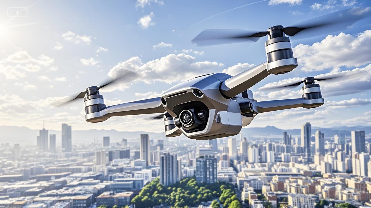 小型无人机飞行器在城市上空盘旋低空经济宣传