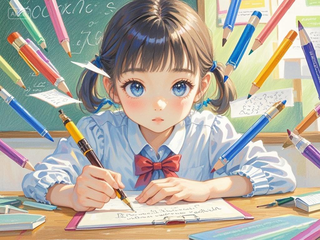 学校教室小学女生奋笔疾书纸页飞出魔幻氛围彩铅动漫卡通AI插画