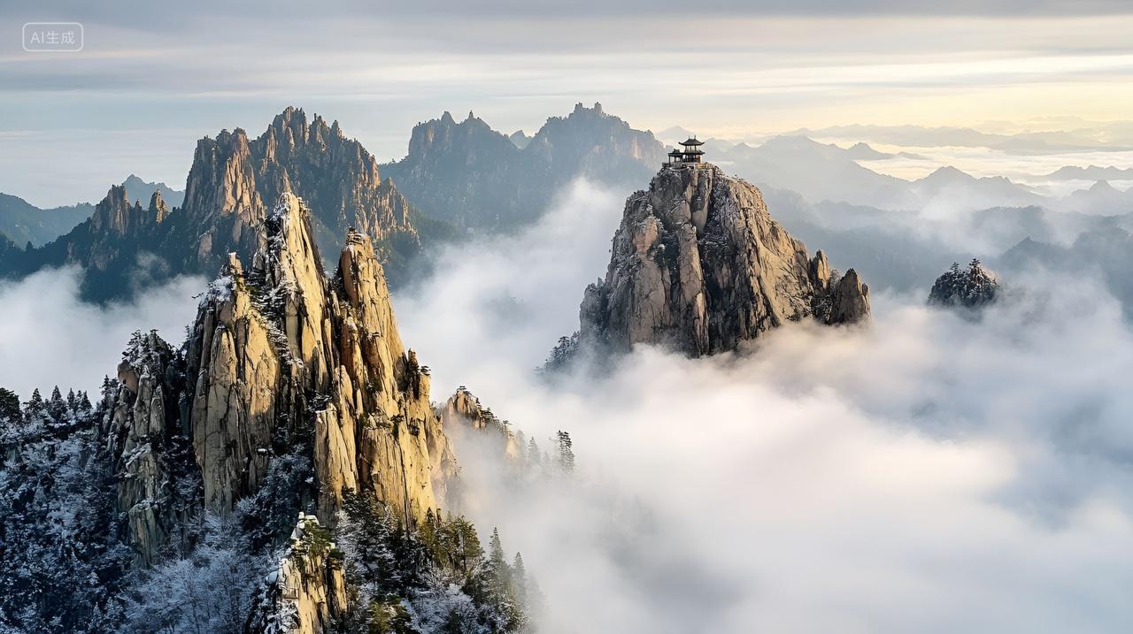 泰山风光山顶云雾缭绕崇山峻岭宏伟壮丽山峰