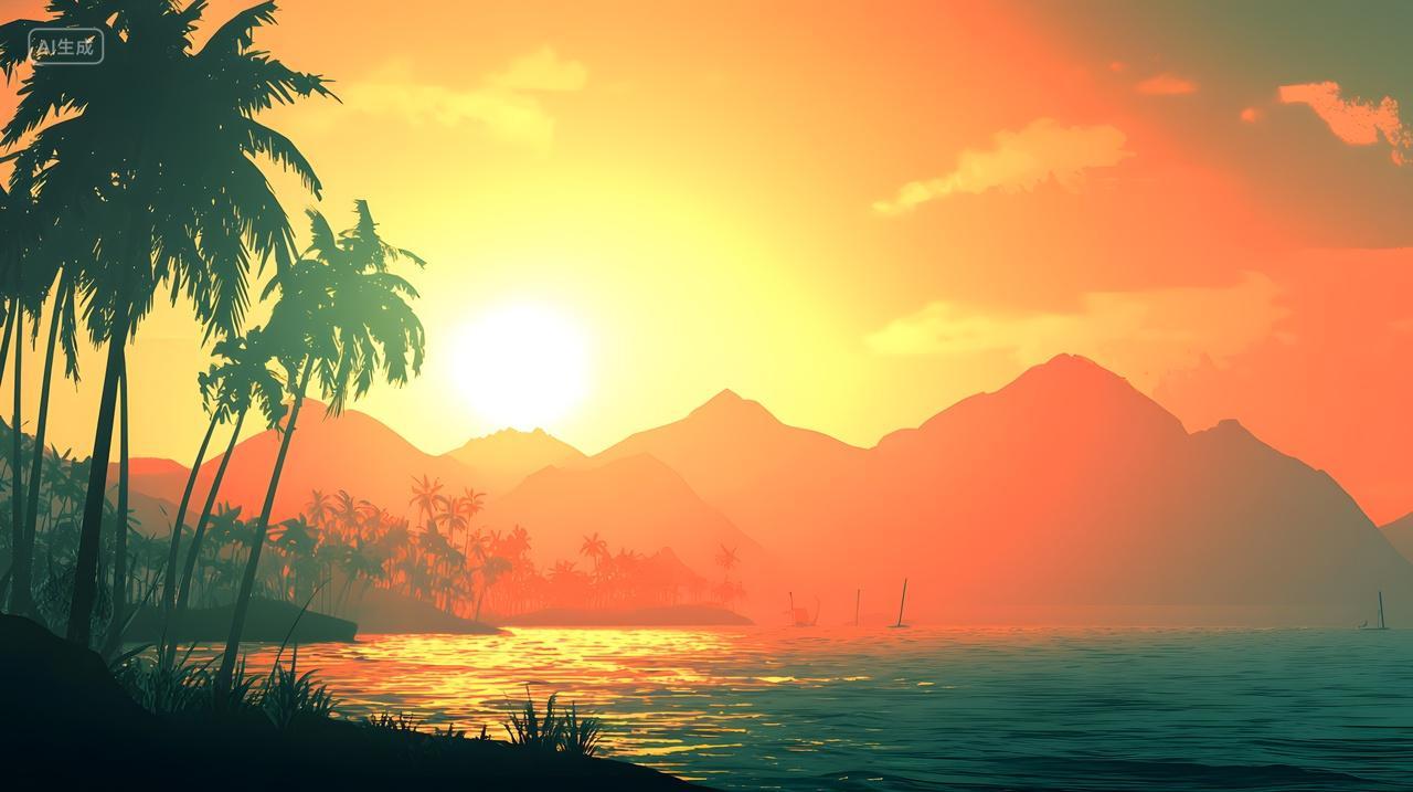 山脉和棕榈树上热带落日