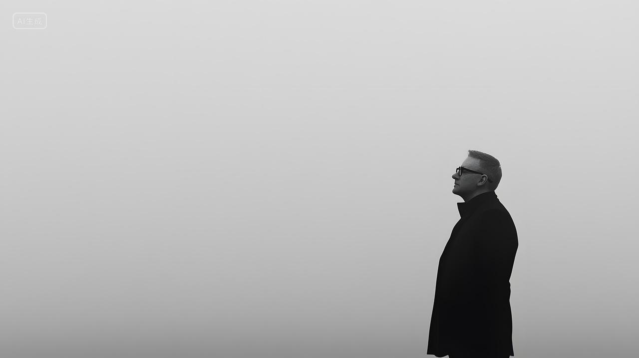 身穿黑外套男子站在雾蒙蒙空气中