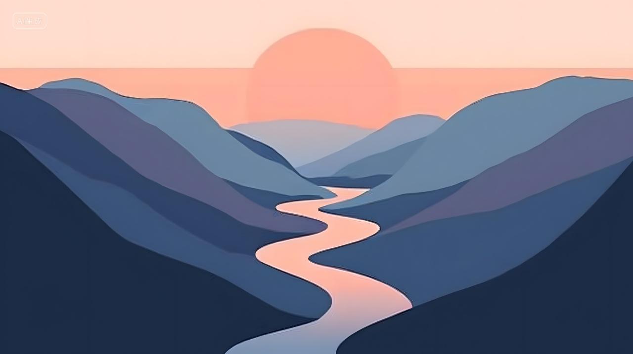 宁静日落洒在风格化山脉和河流上