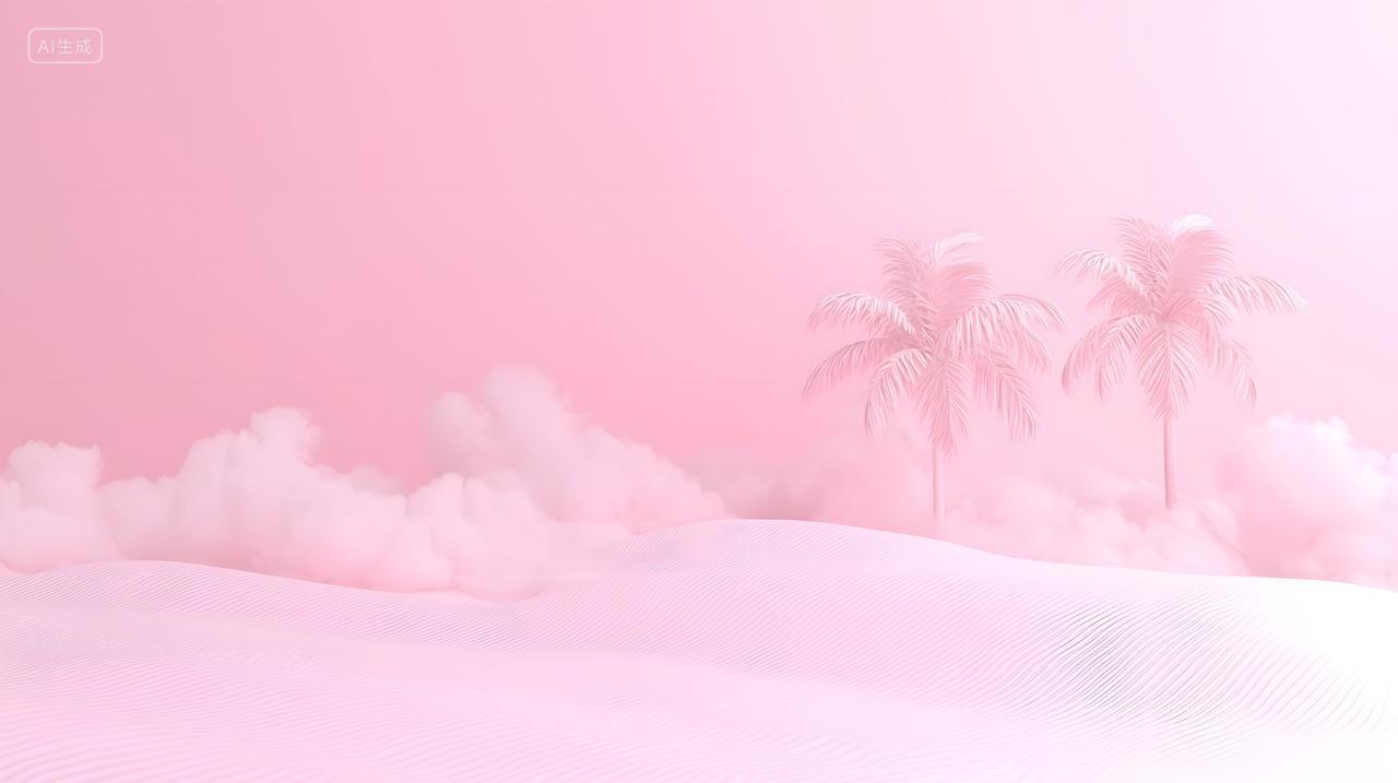 梦幻般粉红色景观与棕榈树和云彩