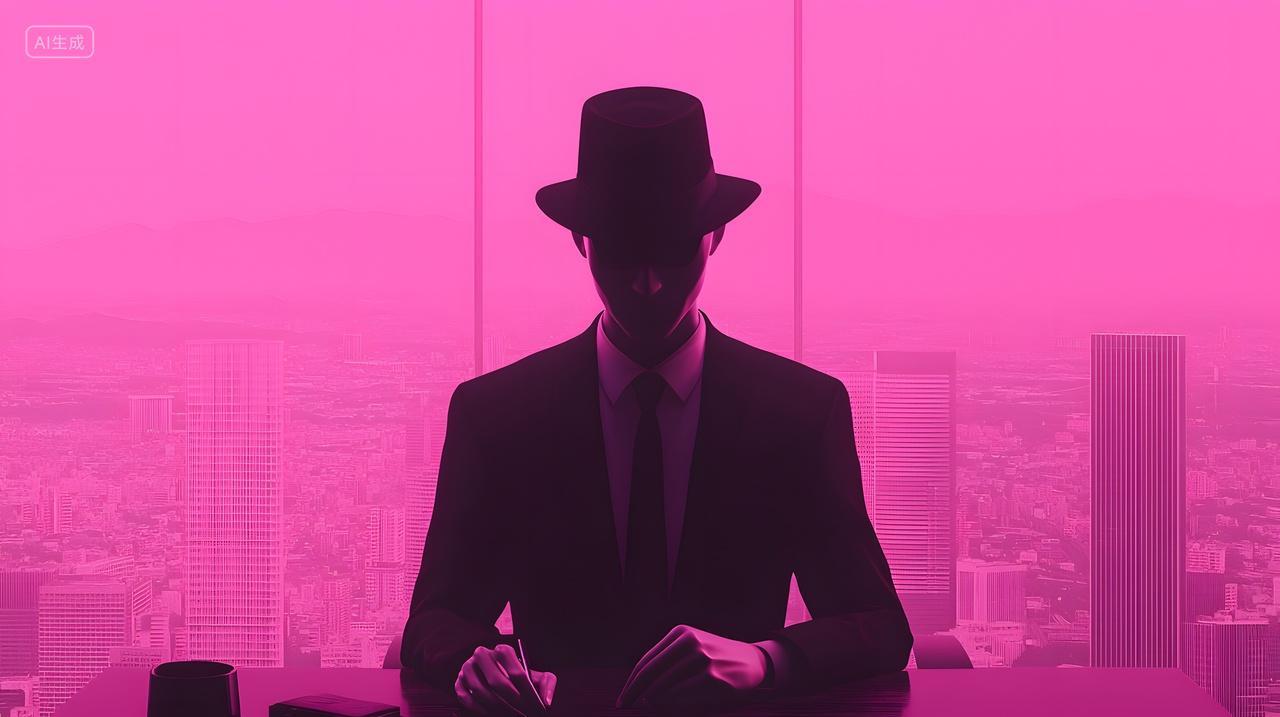 身着西装、背景为粉色神秘人物