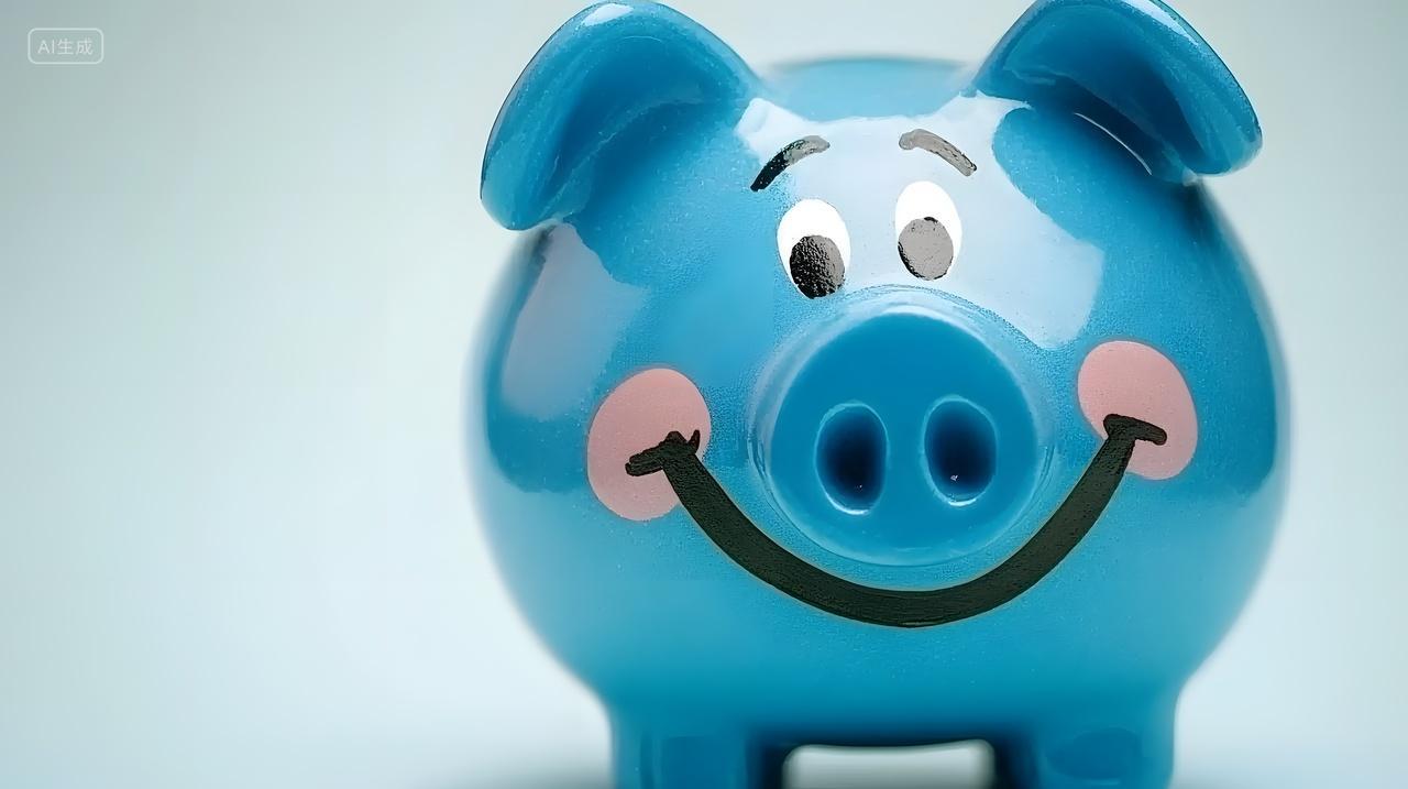 浅色背景中微笑蓝色储钱罐