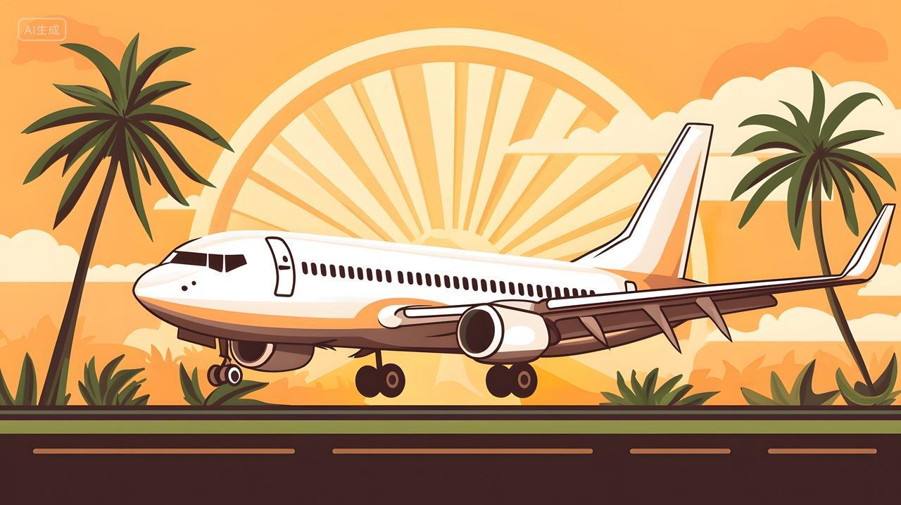 飞机降落在日落时分周围有棕榈树